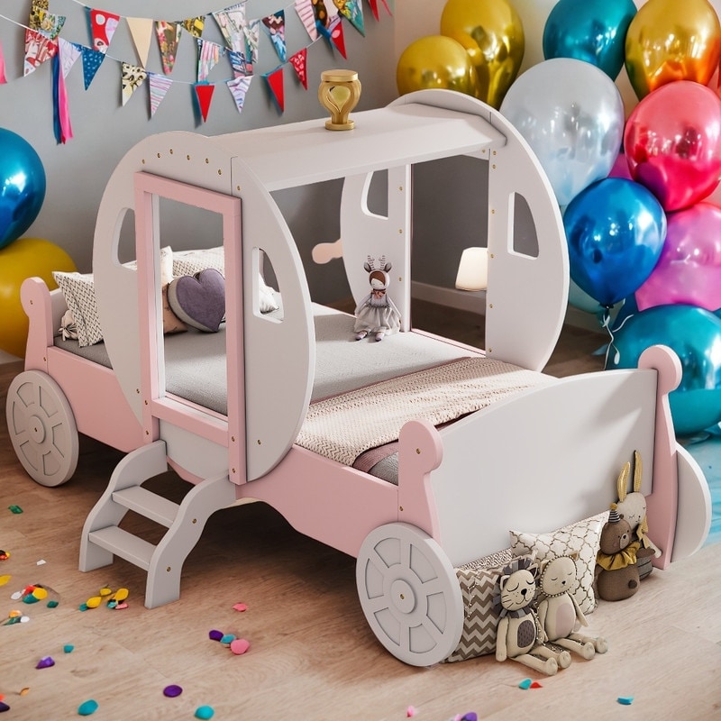 Twin size White Pink Princess Carriage Bed with Crown Wood